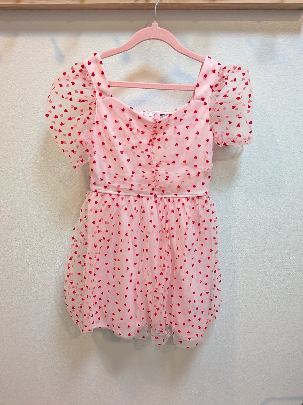 Trixxi Pink Dress with Red Heart Print and Puff Sleeves